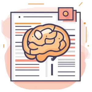Illustrated document with a human brain icon, representing knowledge, intellectual property, and creative thinking.