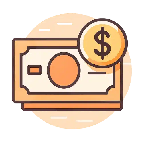 Illustrated dollar bill with a coin and dollar sign, symbolizing payment, royalties, or compensation for intellectual property.