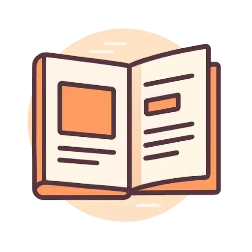 Illustrated open book with orange cover on a beige circle background, representing publications or creative content.